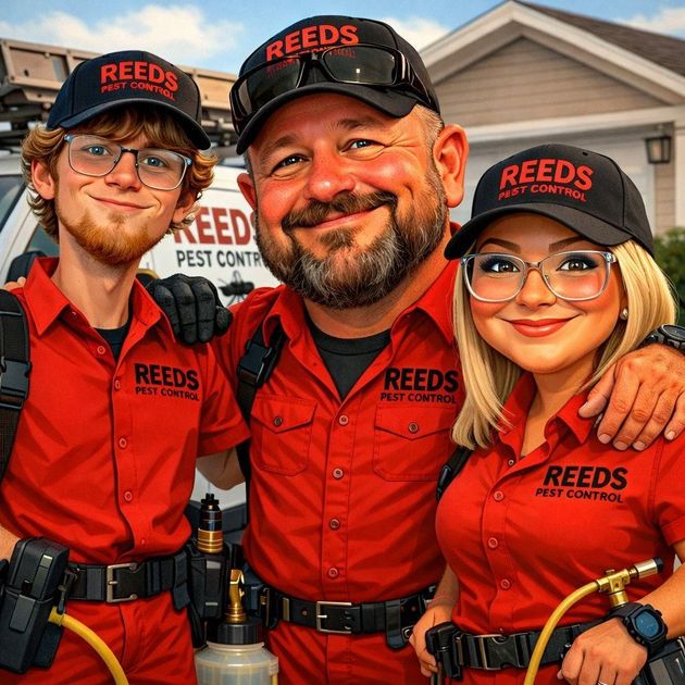 Three Red's Pest Control staff in red uniforms and black caps posing outdoors, smiling