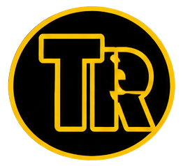 Black circular logo with yellow outline and stylized yellow letters “TR” centered inside