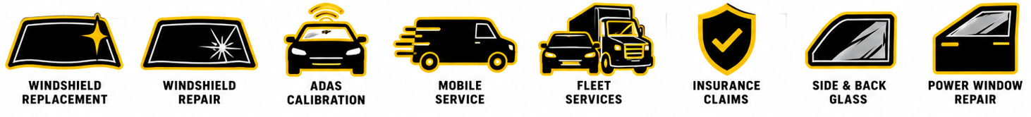 Gold-and-black branding icons for vehicle services, including cars, a shield, and a route/map symbol