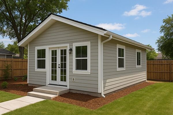 Small, light-grey house with white trim, double doors, and windows. Concrete pathway leads to steps. Green lawn and brown mulch surround.