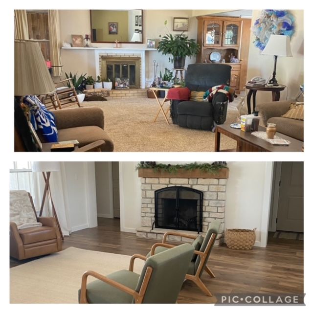 A before and after photo of a living room with a fireplace