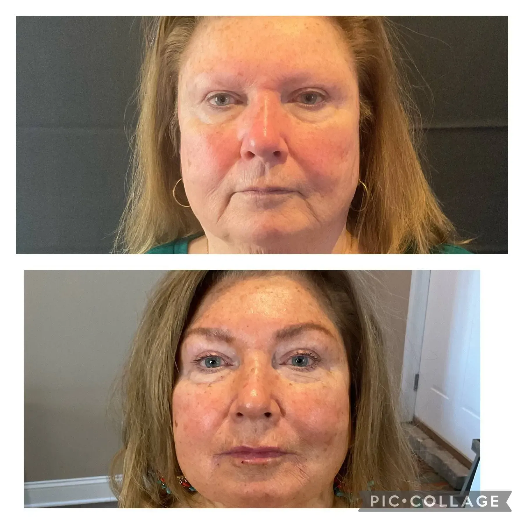 Two close-up face photos stacked vertically, showing the same woman indoors with different lighting and makeup.