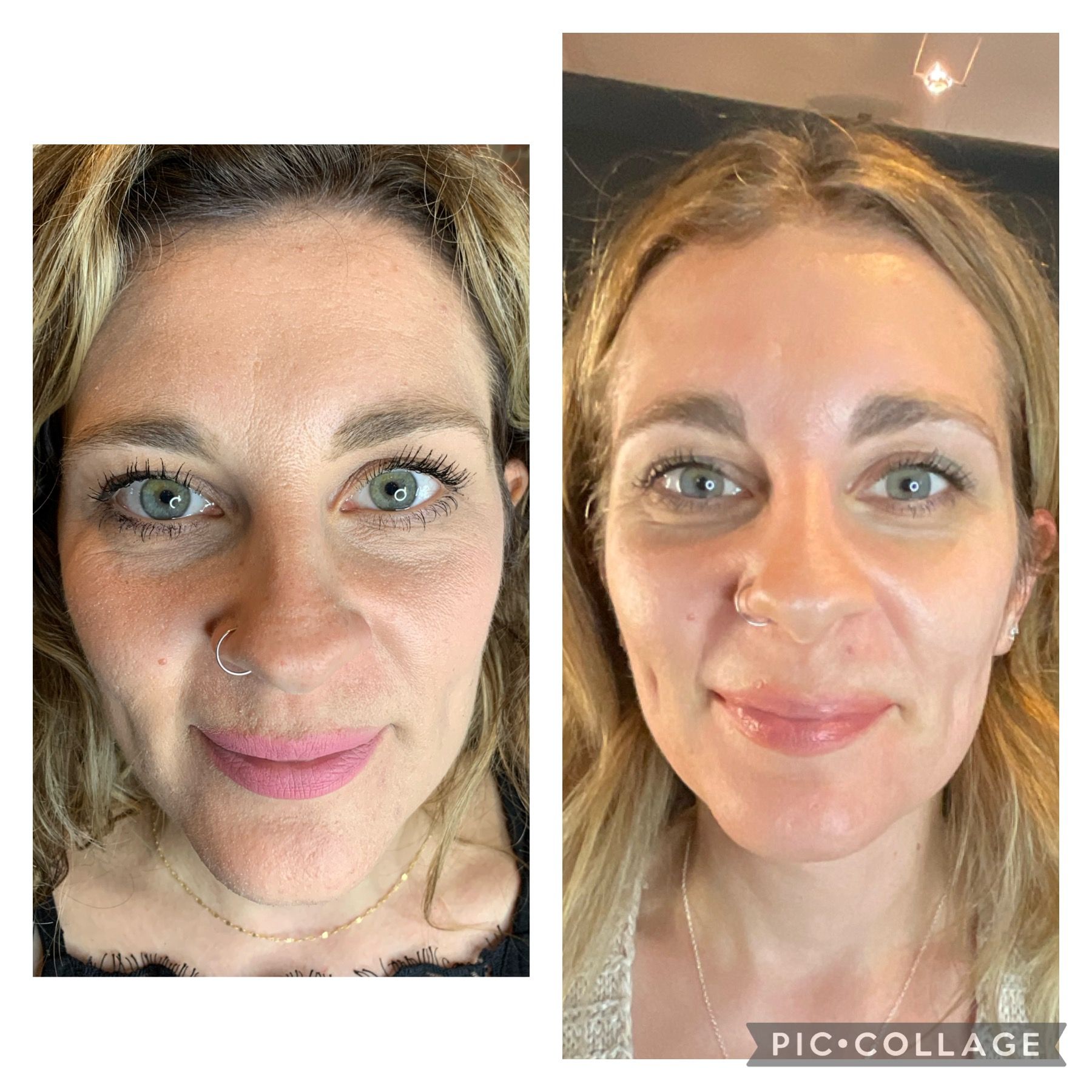 Side-by-side close-up selfies showing a face before and after makeup, with lighter skin and pink lipstick.