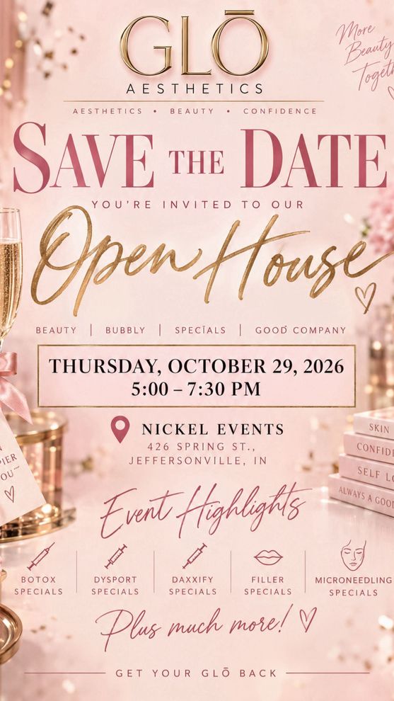 Pink-and-gold Glo Open House invitation with event details and a Tuesday, October 29, 2026 date.