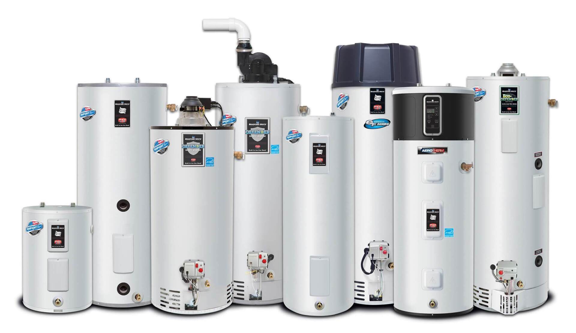 a variety of water heaters are lined up in a row on a white background .