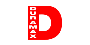 A red and white logo for duramax on a white background