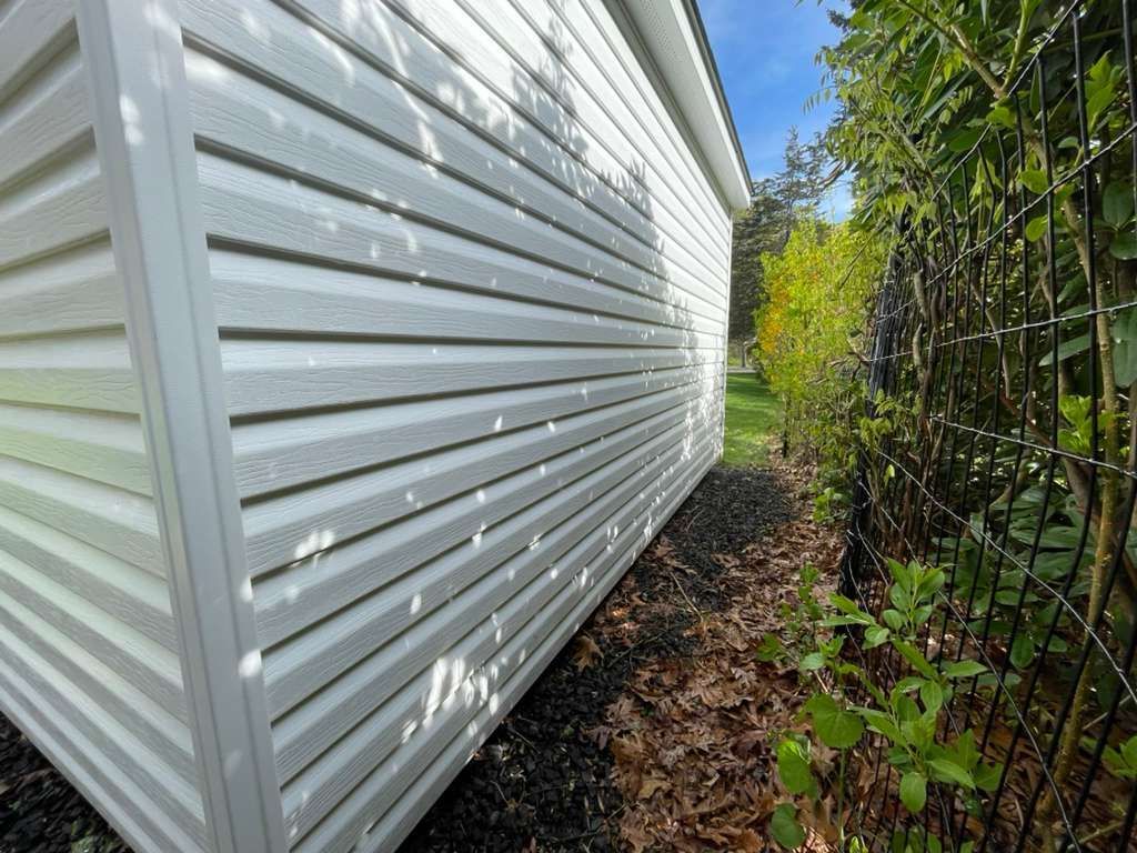 Narrow side yard between a white house and black fence, covered with fallen leaves and greenery. - after