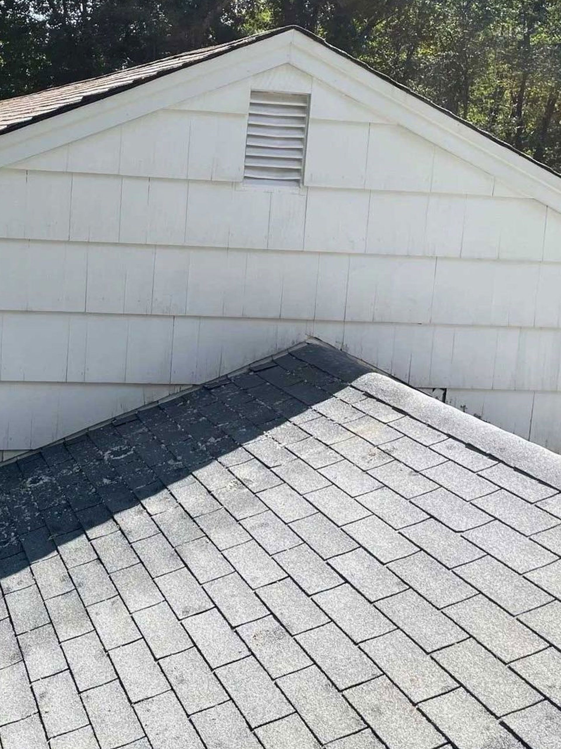 Grungy, weathered shed with a vented gable, covered in mold and lichen. - after