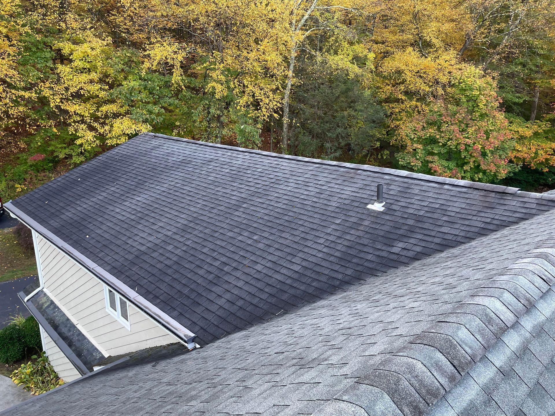 Dark shingled roof with a vent, viewed from a higher roof. Fall foliage in the background. - before