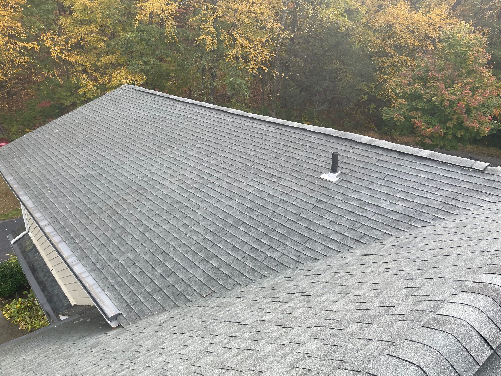 Gray asphalt shingle roof, with a black vent pipe and a gutter, trees in the background.