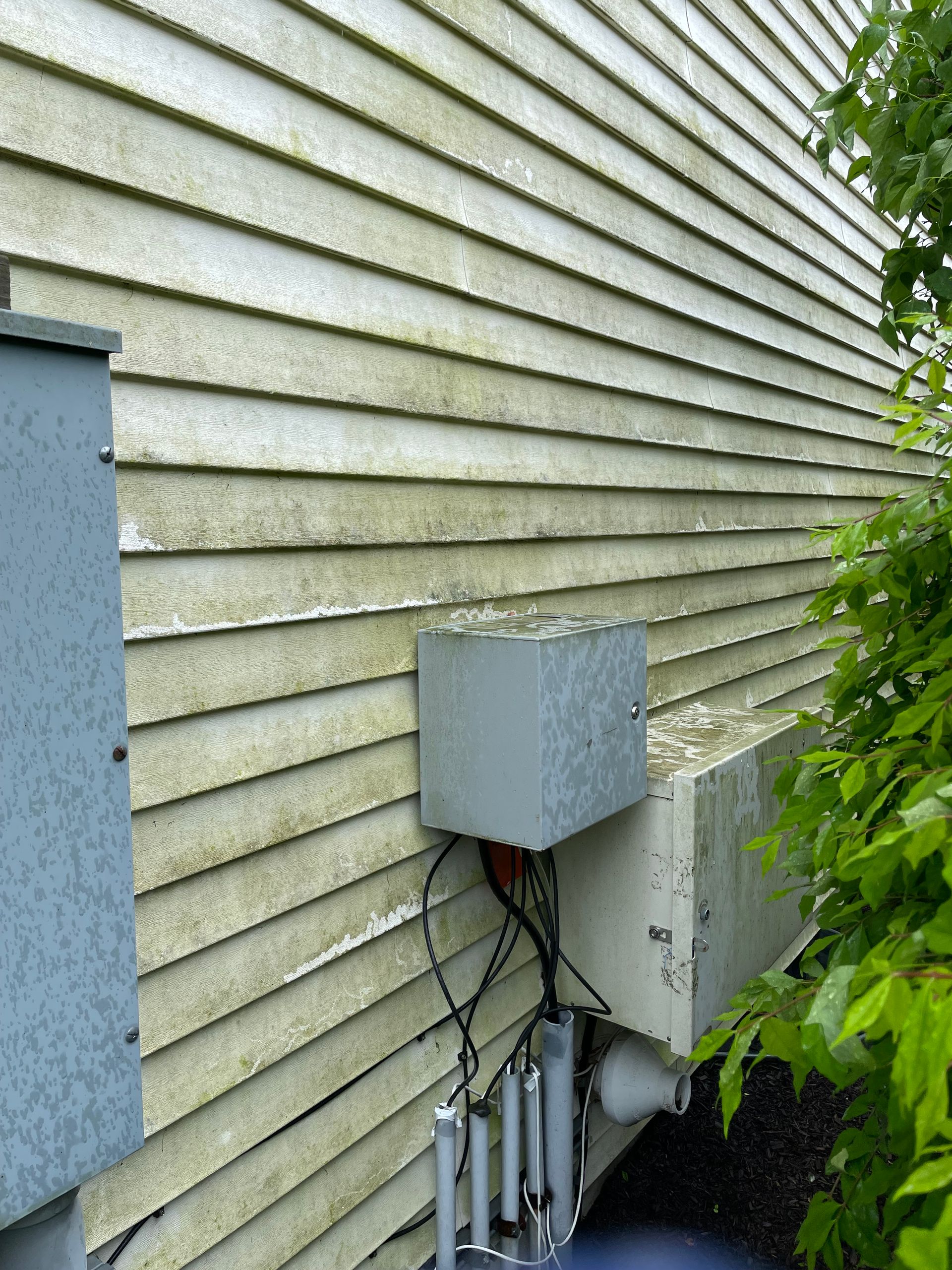 Side of a house with weathered siding, a gray electrical box, and wires, with green foliage.