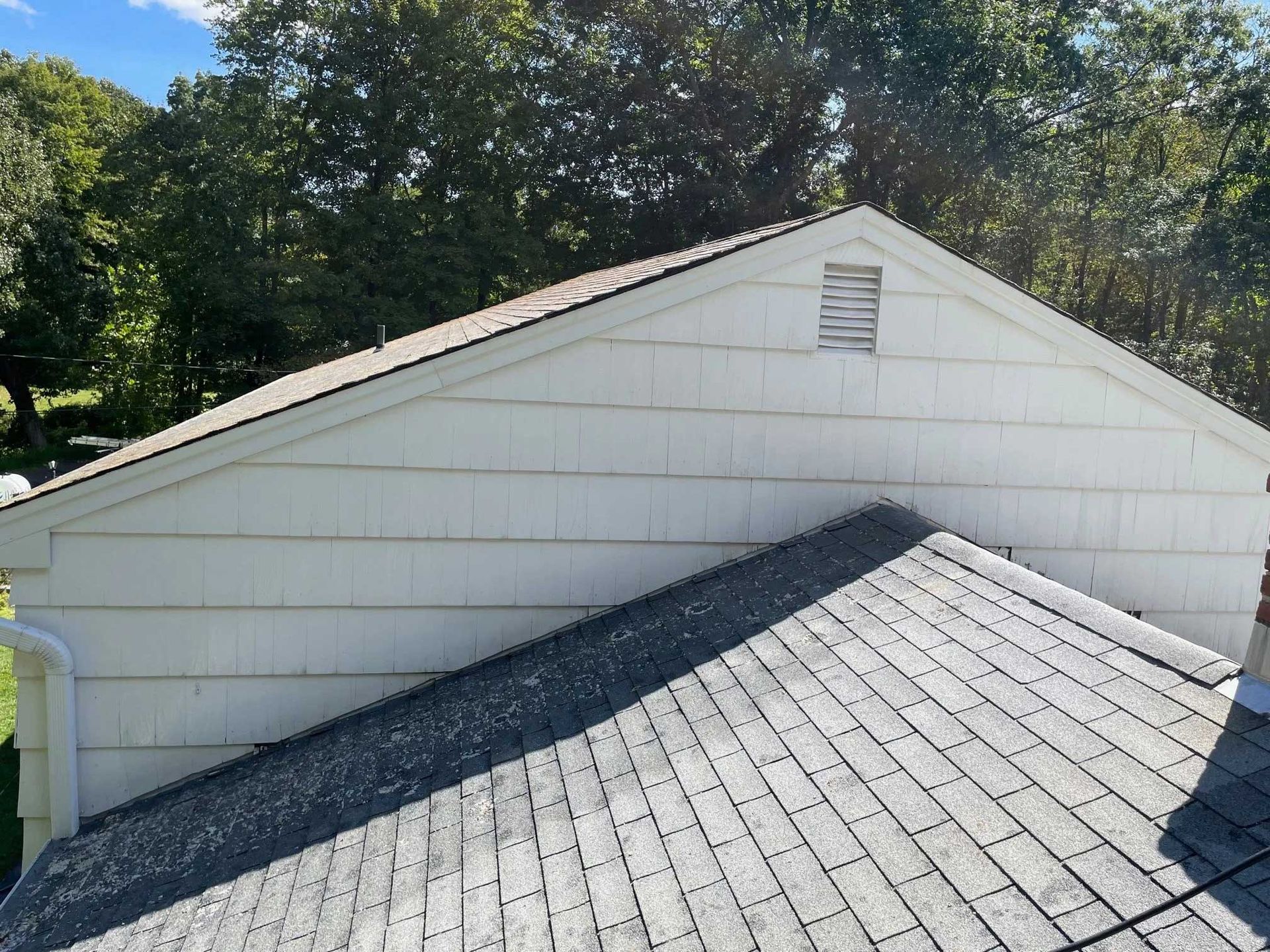 White house siding with gray shingle roof and vent. Trees in background, blue sky.
