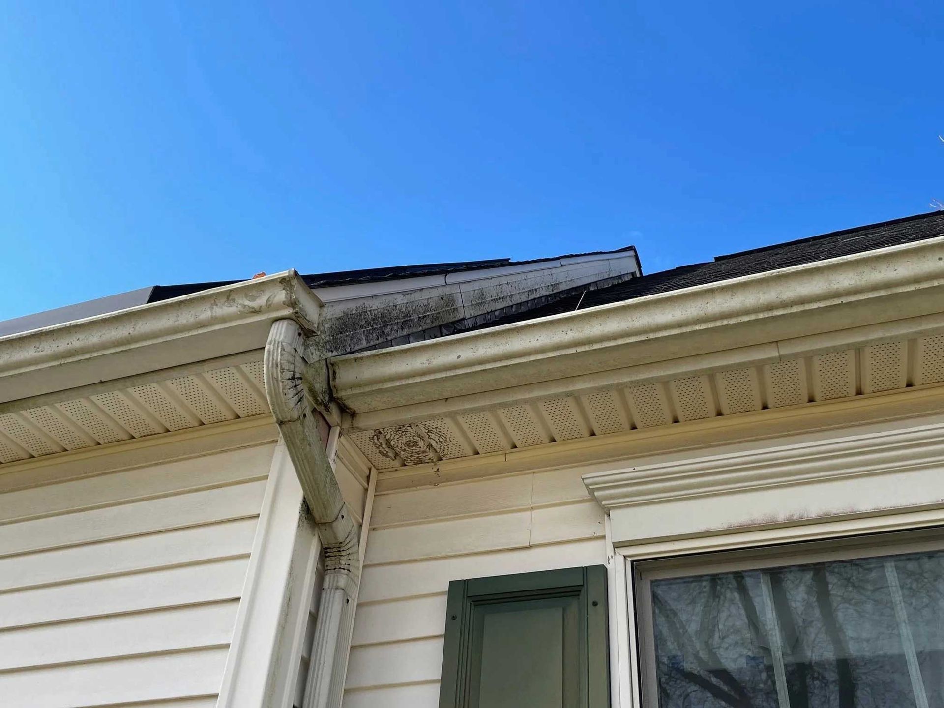 White house with black roof, gutters, and downspout. Clear blue sky.