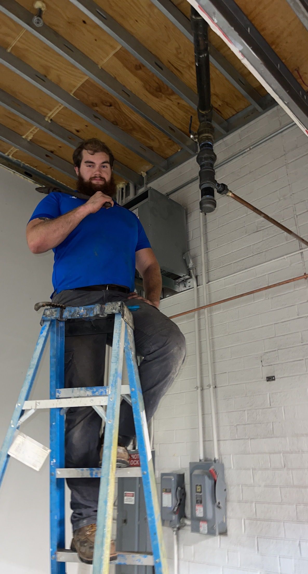 Man on ladder near pipes, electrical panel; interior, blue shirt, beard.