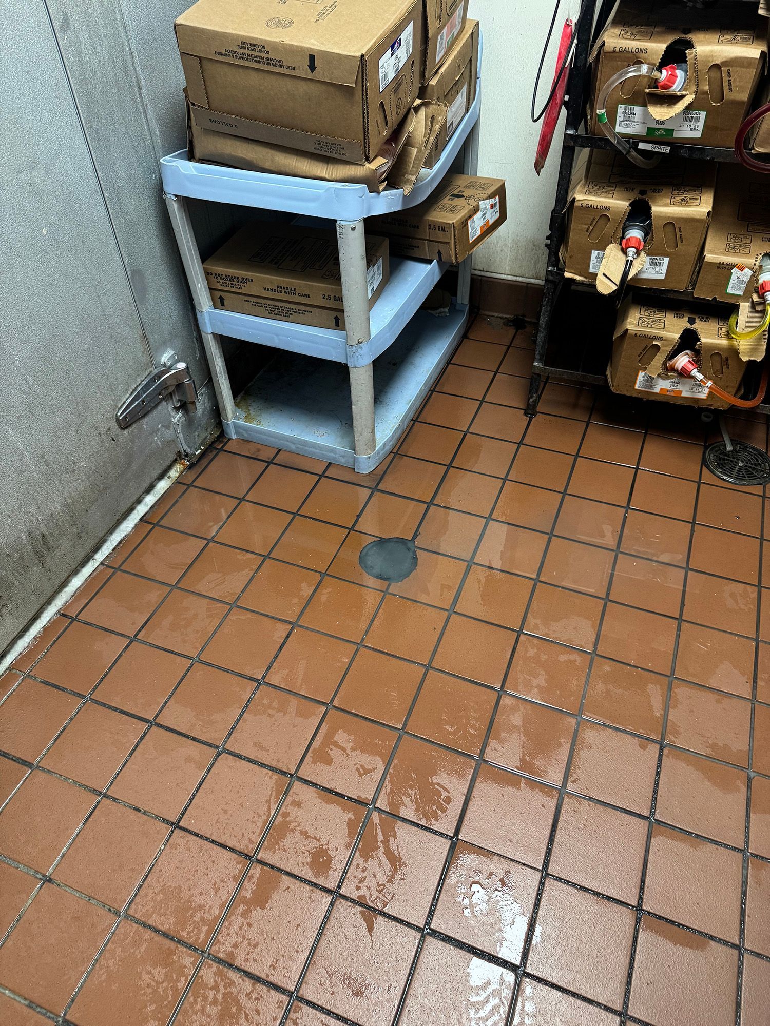 Wet, tiled floor in a commercial kitchen with a drain. Boxes on shelves are visible.