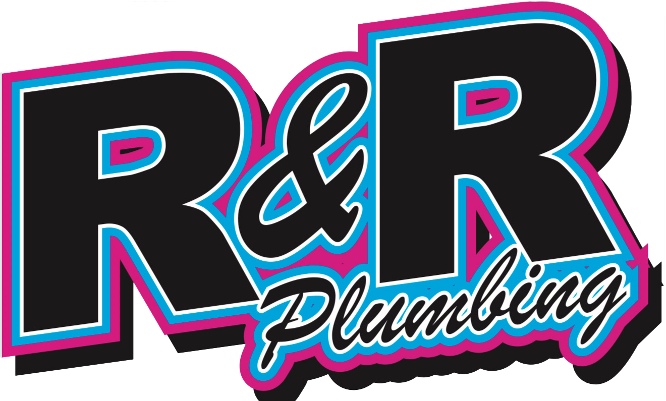 Logo for R & R Plumbing: Black letters "R & R" with pink & blue outline, "&" in script above "Plumbing".