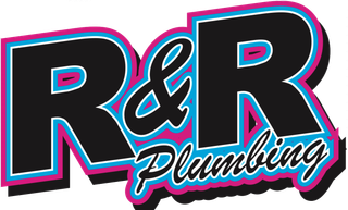 Logo for R & R Plumbing: Black letters "R & R" with pink & blue outline, "&" in script above "Plumbing".