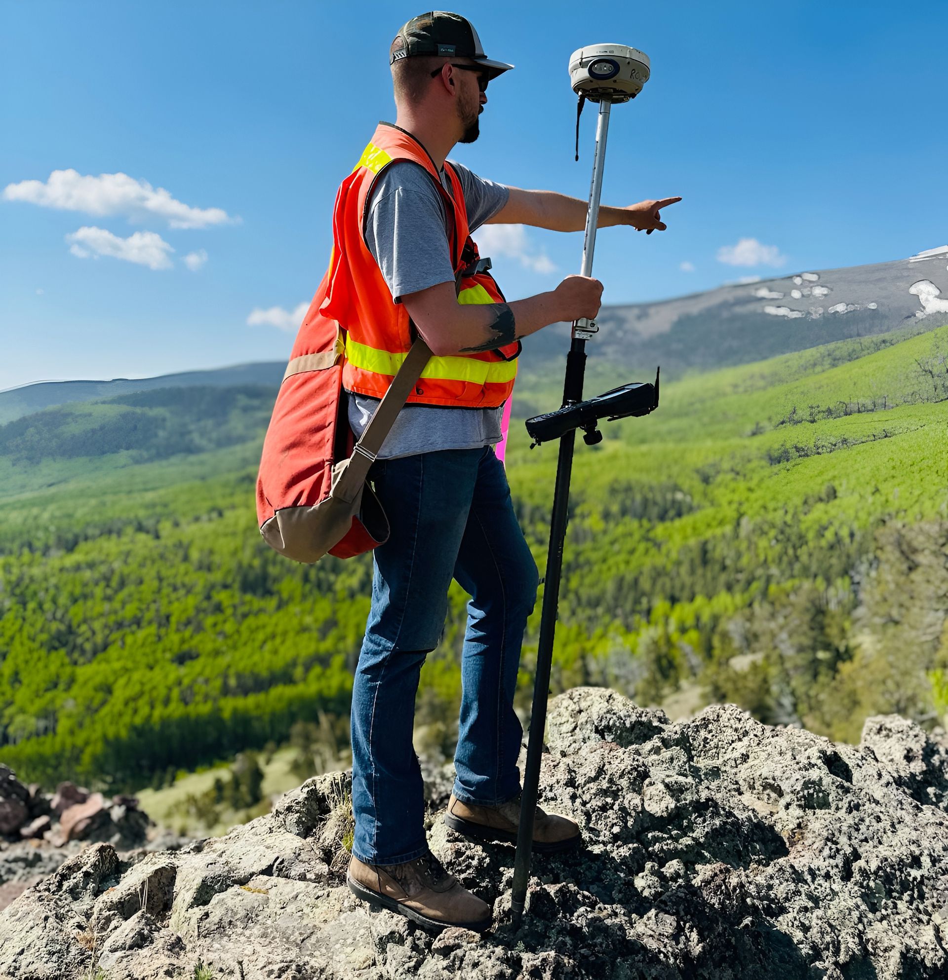 Surveyor using GPS equipment on a rocky mountain overlook with green valley views.