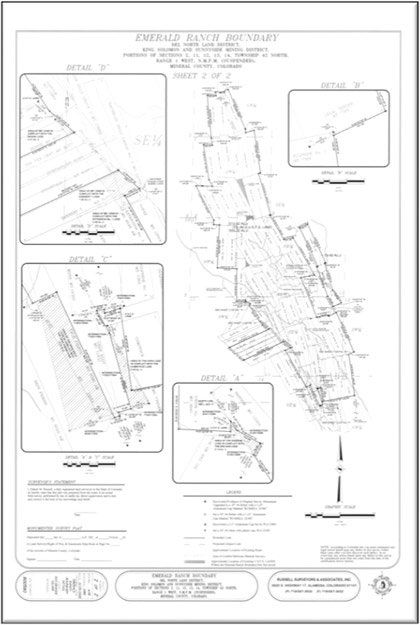 Black-and-white site plan map with inset detail boxes and labels, showing a long property layout.