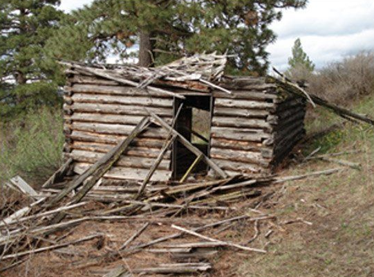 Collapsed log cabin in a grassy, wooded area with broken beams and a partly caved-in roof
