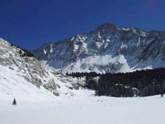 Snow-covered mountain valley under a clear blue sky, with rocky peaks and a dark forest in the distance.