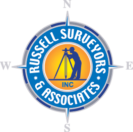 Russell Surveyors & Associates logo with blue compass and yellow center, showing a surveyor and tripod.