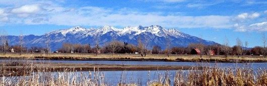 Snow-capped mountains reflected in a calm marsh, with brown reeds and a clear blue sky.
