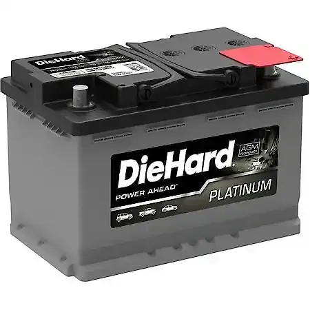 DieHard Platinum car battery, gray with black top, red terminal cover, and logo.