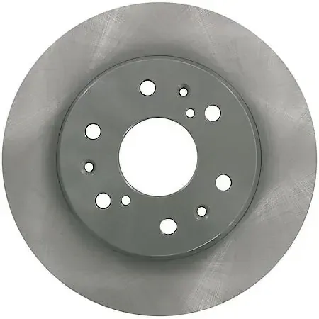 Gray brake rotor with central hub and bolt holes.