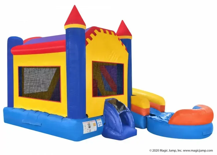 Colorful inflatable bounce house with a slide and splash pool.
