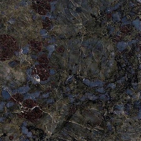 Dark granite with blue, brown, and maroon flecks and veining.