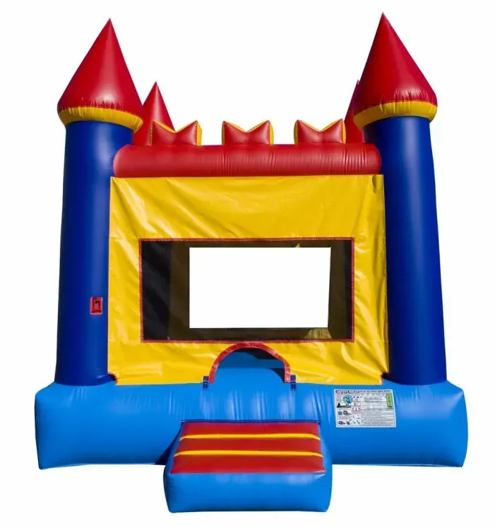 Inflatable blue, yellow, and red castle bounce house with two towers.