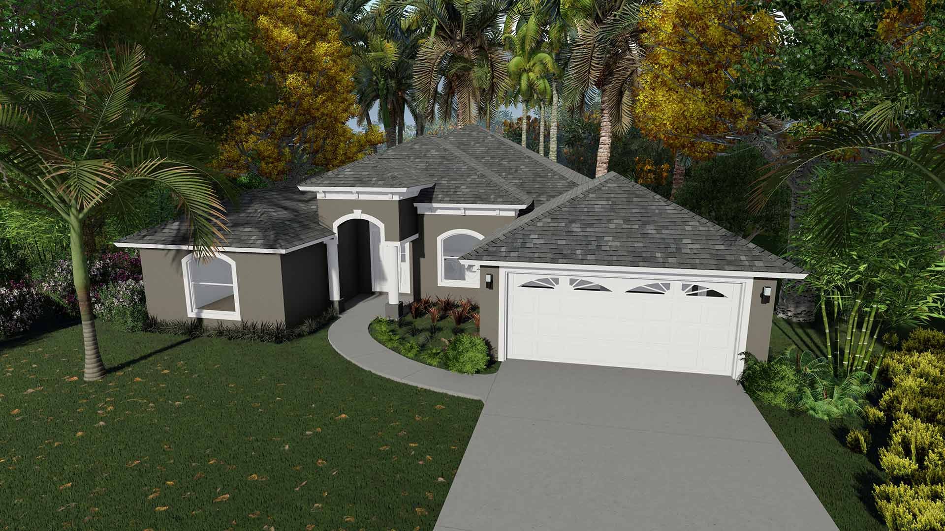 A gray house with a white garage door sits on green grass, a curved walkway, and trees.