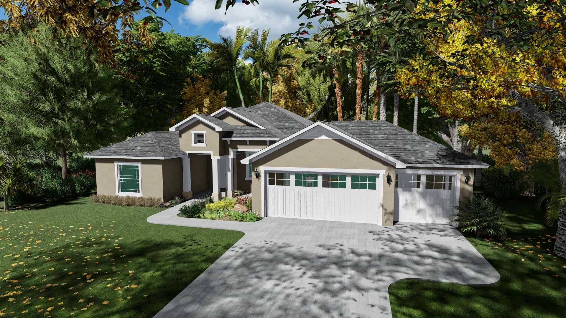 House exterior with beige siding, grey roof, and a two-car garage, surrounded by trees.