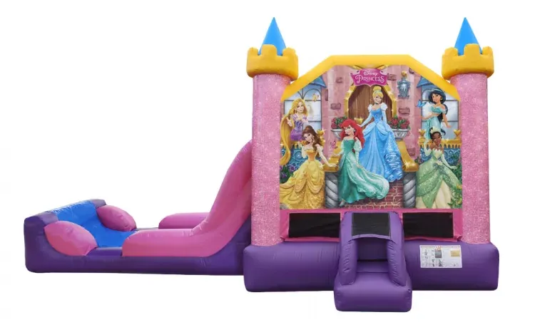Pink princess-themed inflatable bounce house with slide and pool. Features princesses and castle details.