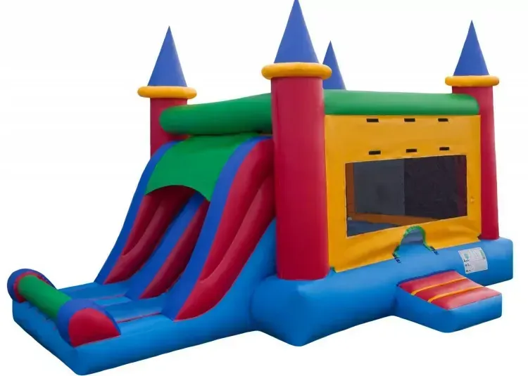 Colorful inflatable castle bounce house with slide.