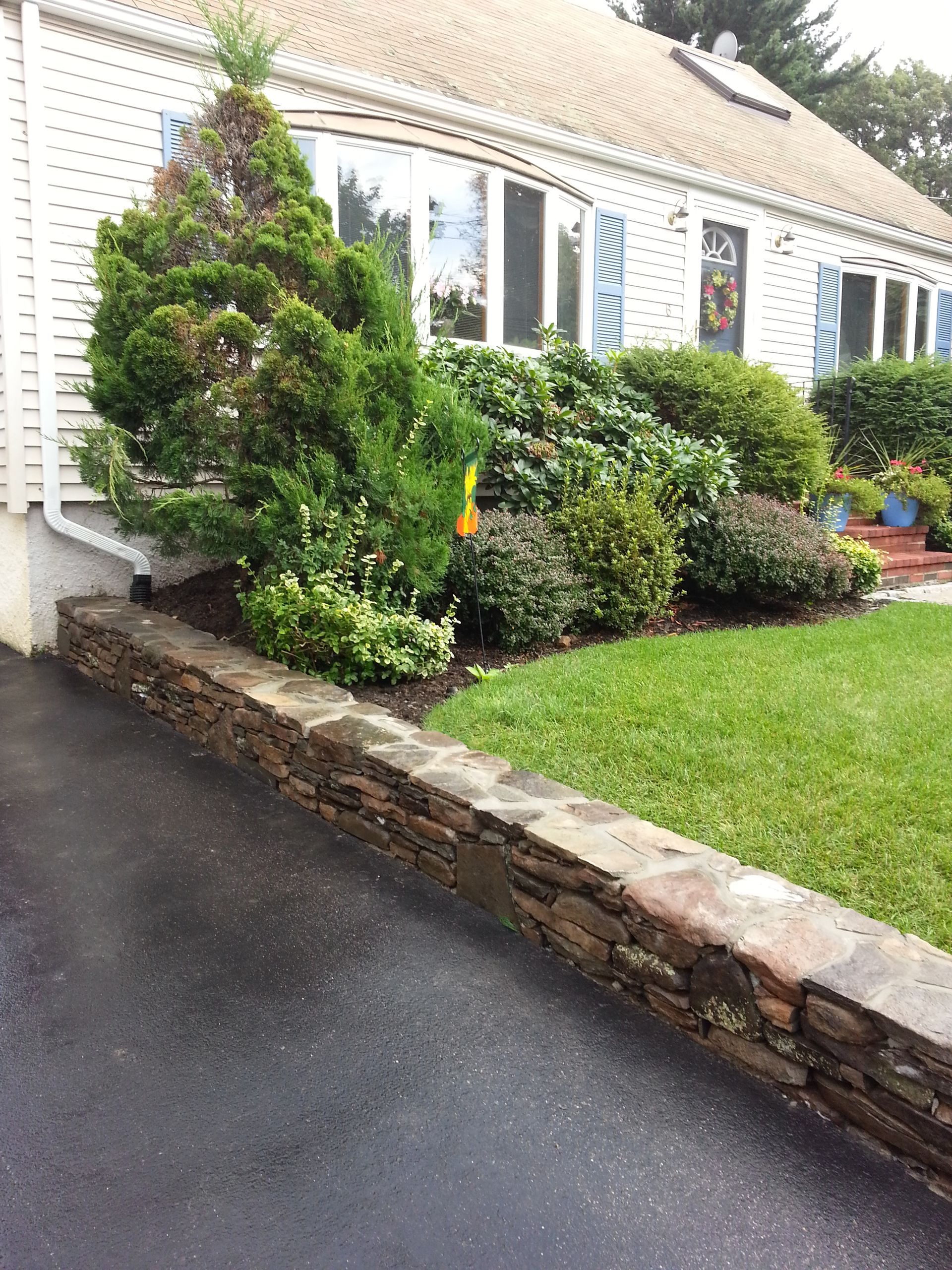 Stone retaining wall with shrubs and green lawn in front of a white house with blue shutters.