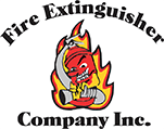 Fire extinguisher company logo with a red cartoon flame holding an extinguisher