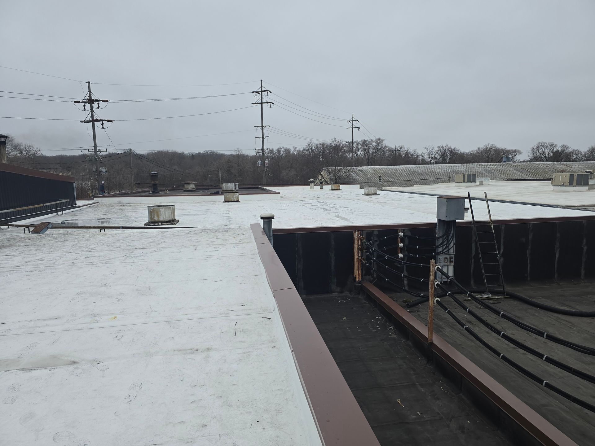 A snowy rooftop with power lines and trees in the distance on a cloudy day.