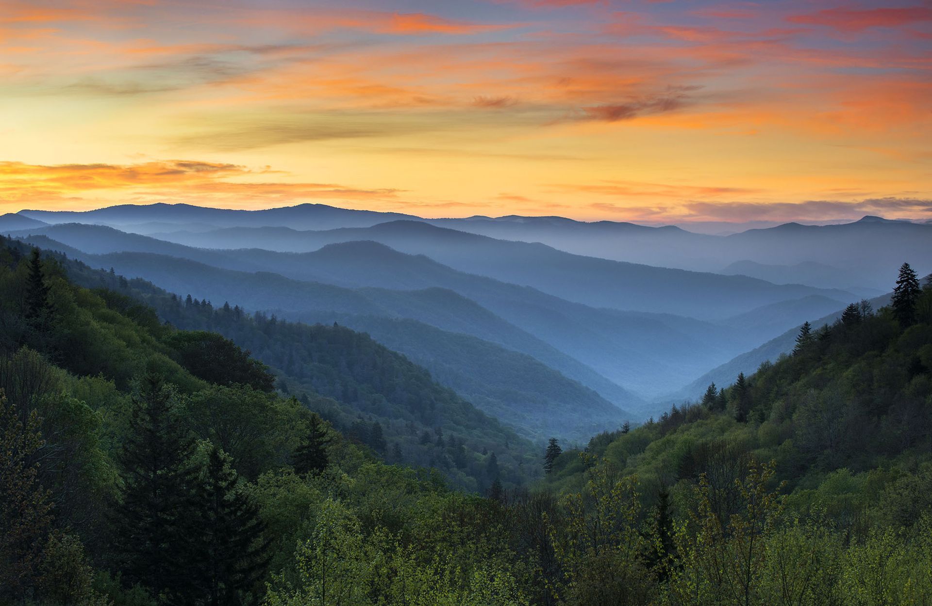 A view of a mountain range at sunset with trees in the foreground.