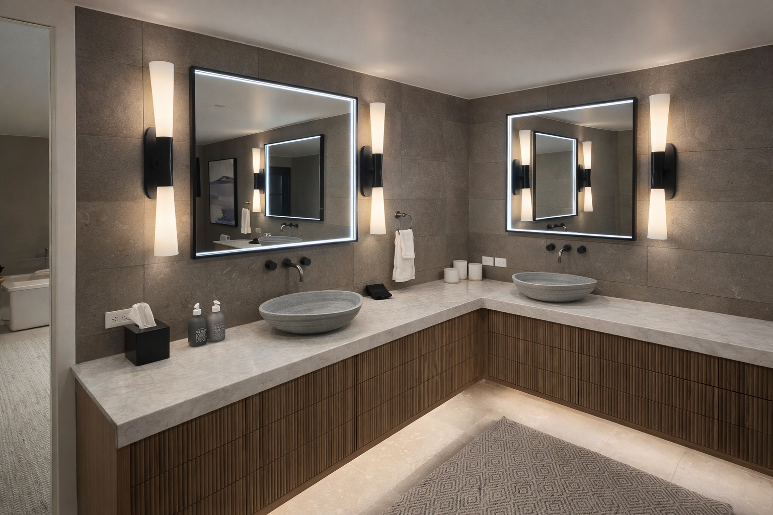 Modern bathroom vanity with two mirrors, vessel sinks, warm wall sconces, and wood cabinetry