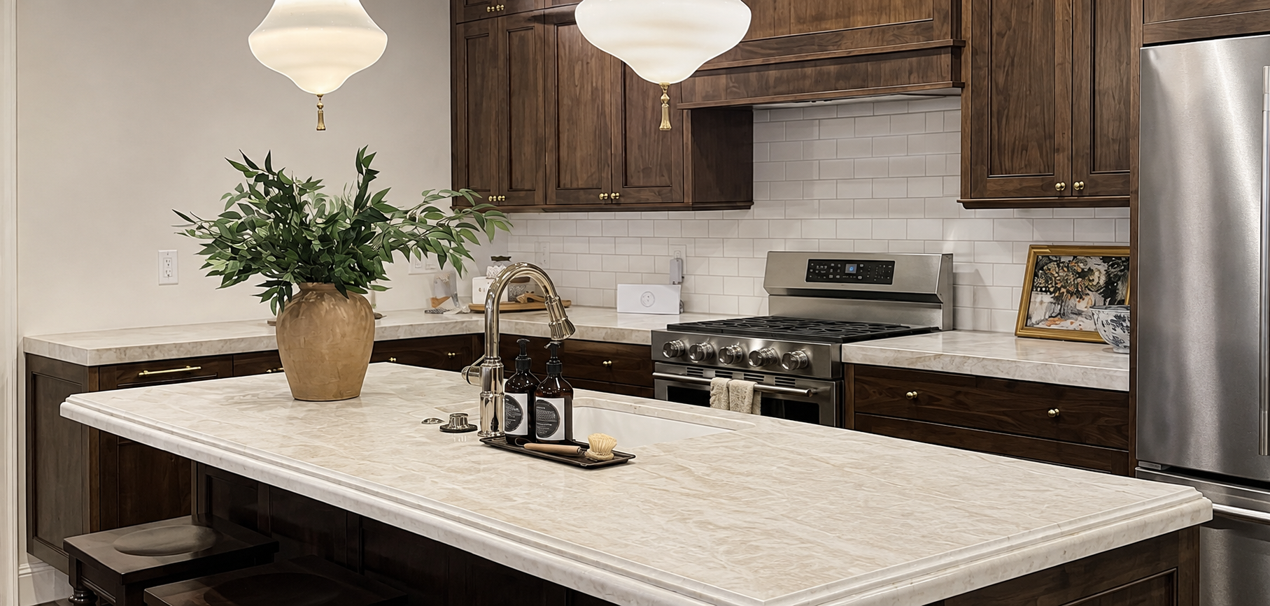 Modern kitchen with white island, pendant lights, stainless appliances, and wood cabinets