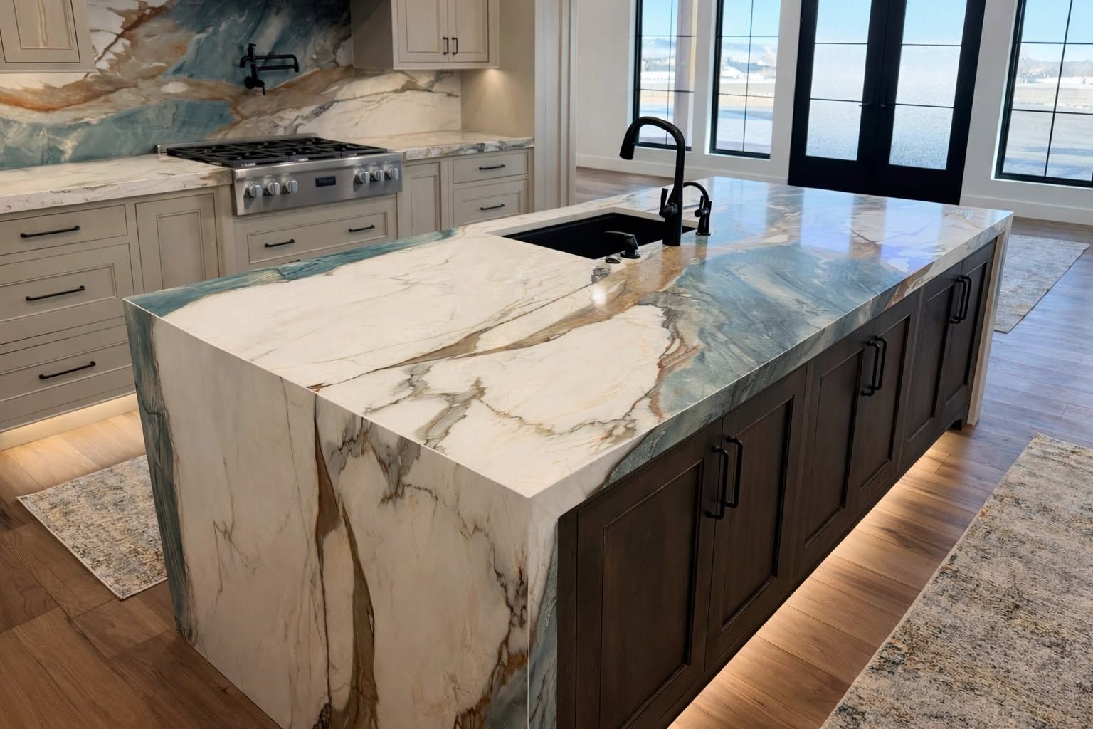 Modern kitchen island with white marble waterfall countertop and dark wood cabinets, sink, and black faucet