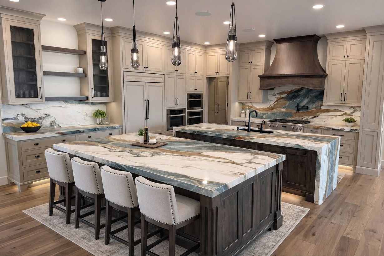 Modern kitchen with two large islands, white cabinets, pendant lights, and a copper range hood
