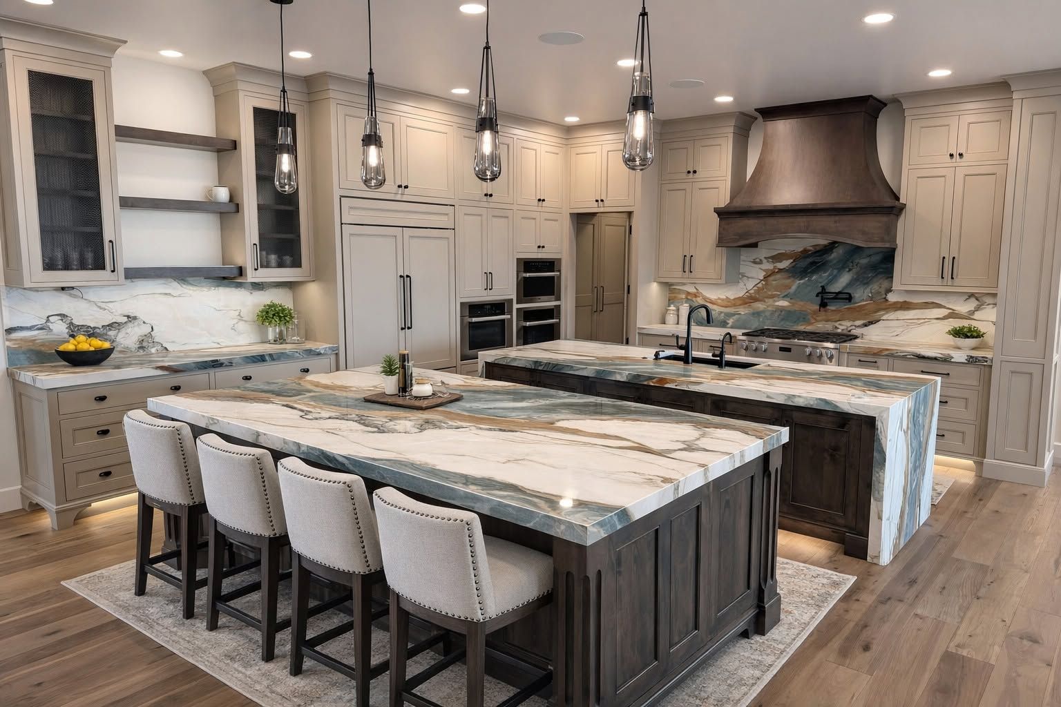 Modern kitchen with large island, white cabinets, pendant lights, and wood accents
