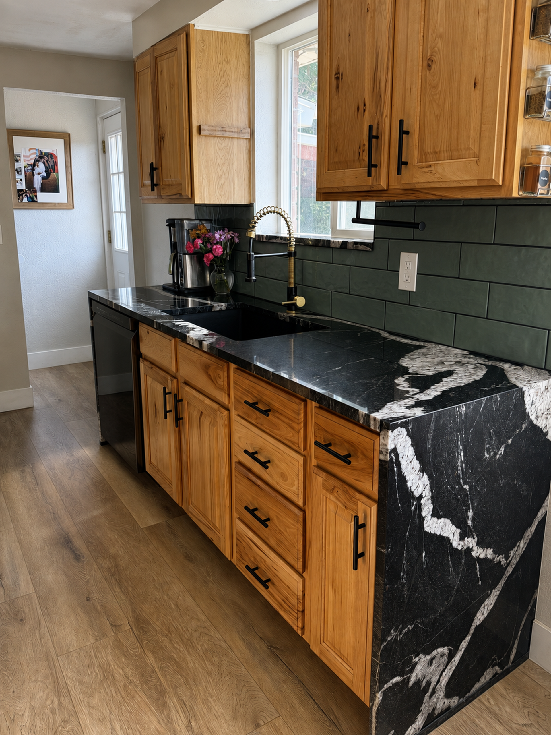 Kitchen with wooden cabinets, black countertops, green tile backsplash, and wood flooring.