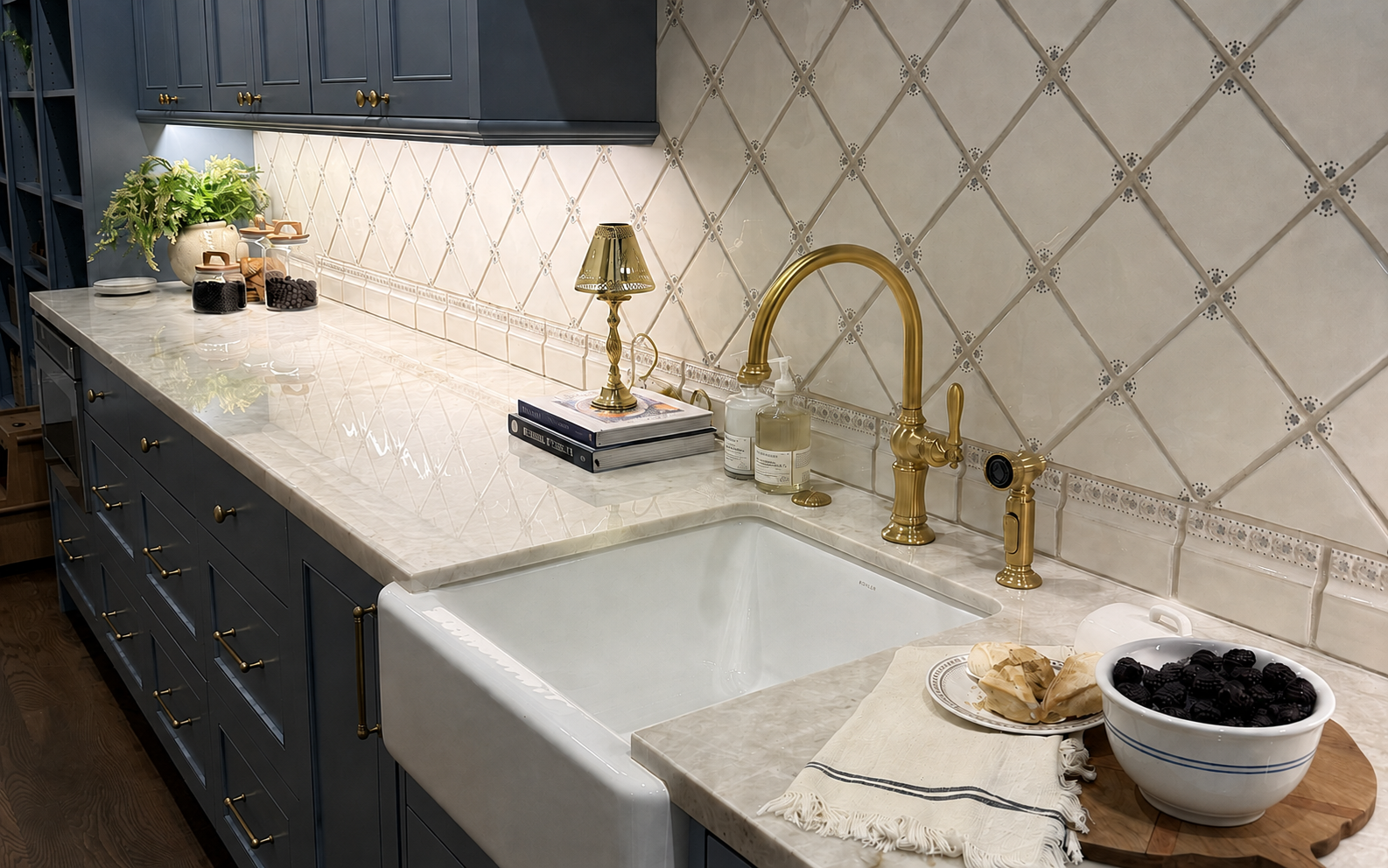 Elegant kitchen counter with white sink, brass faucet, marble backsplash, and decorative bowls