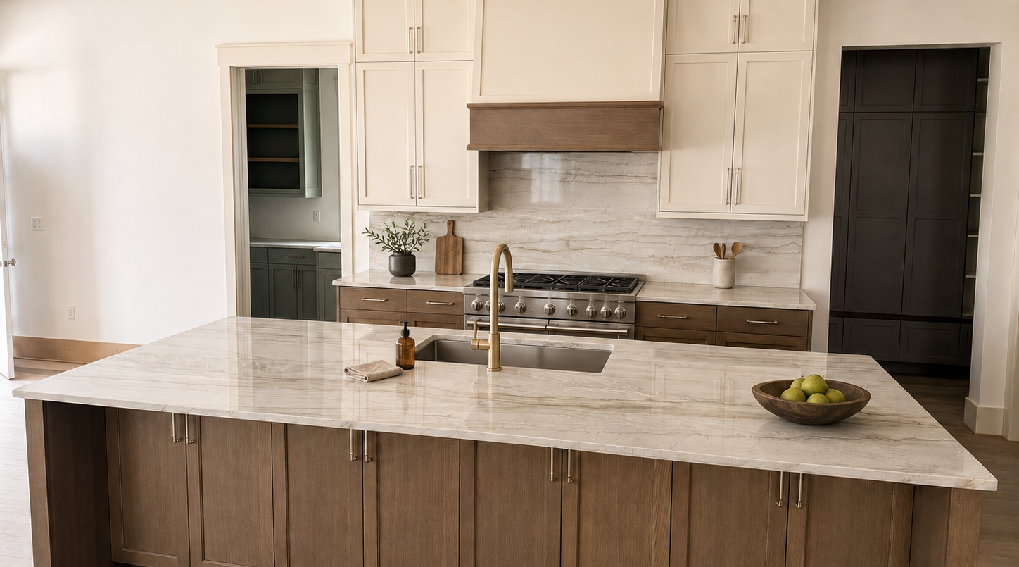 Modern kitchen with large marble island, white cabinets, wood accents, and fruit bowl