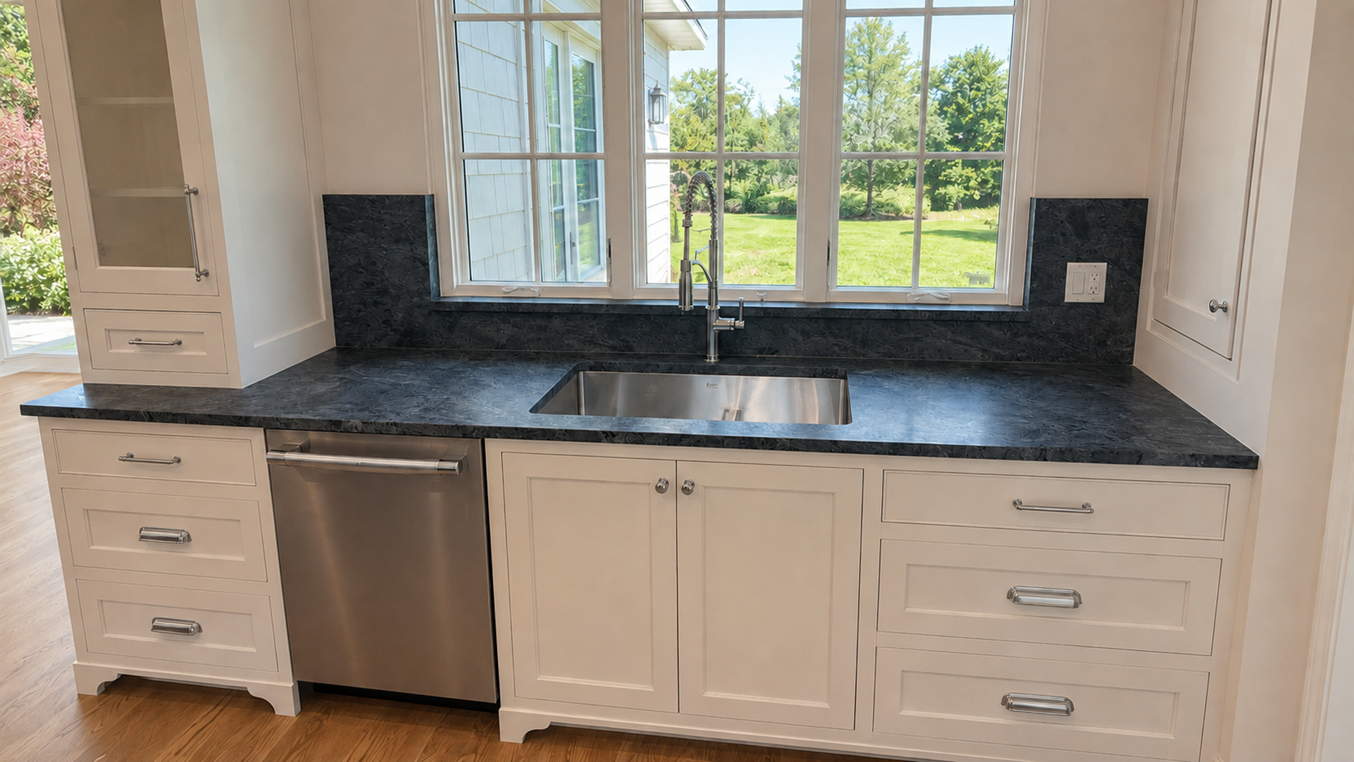 Kitchen sink with dark countertop, white cabinets, and a window overlooking a green yard.
