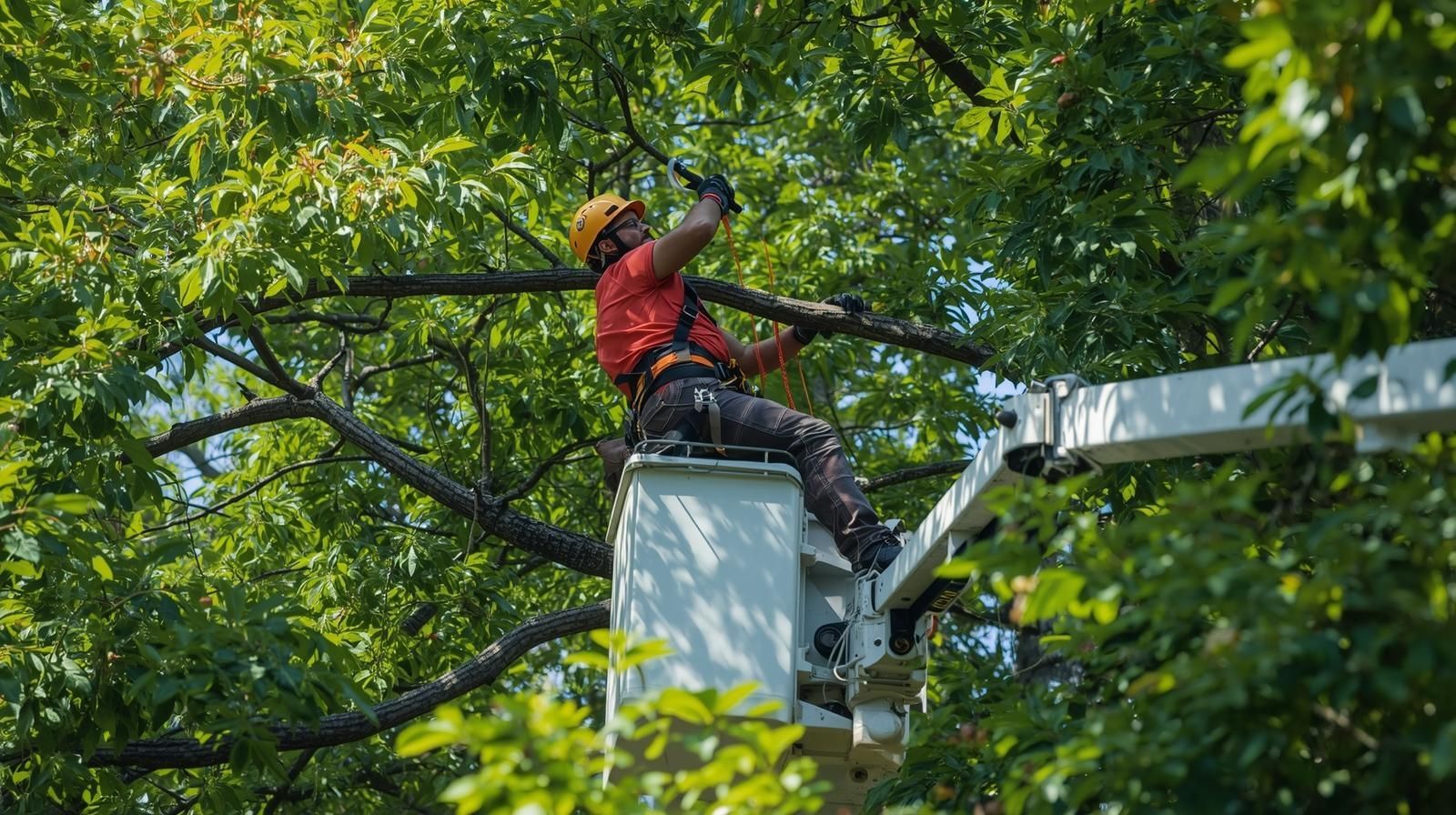 Tree worker in a bucket truck pruning tree branches. Wearing a helmet and safety harness.